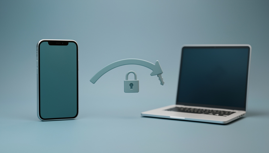 Conceptual illustration of a passkey key icon syncing between a phone and laptop with an open padlock, evoking cross-device passkey sync without a subscription