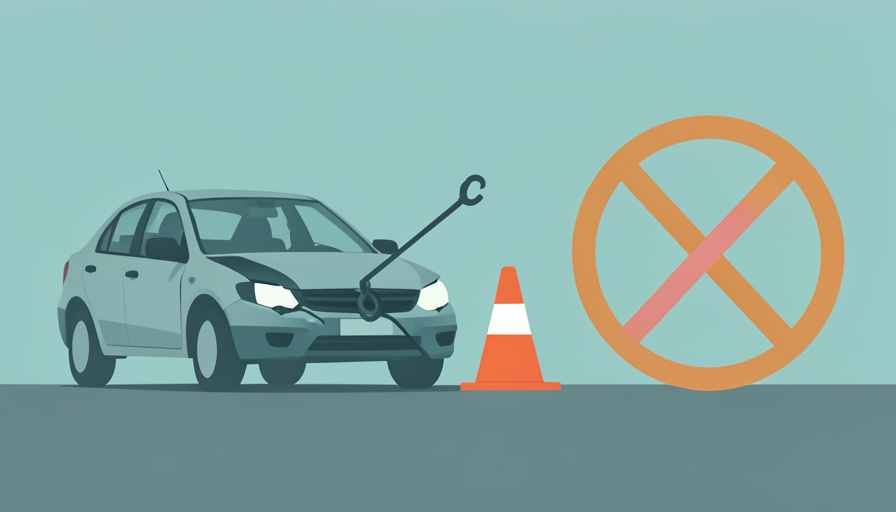 Conceptual illustration of a stranded car with a tow hook and roadside cone beside an open padlock over a recurring-payment loop, evoking roadside help without a locked-in auto-renewing plan