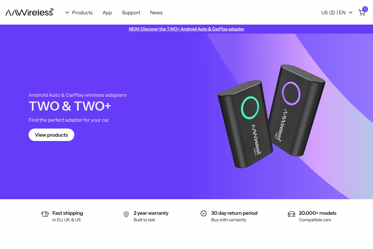 AAWireless product page, a dongle that makes wired Android Auto wireless