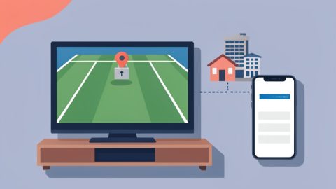 A TV showing a sports field with a padlock and location pin, a house linked to a hotel, and a phone verification screen