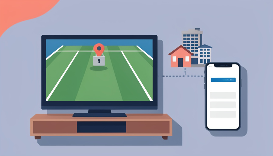 A TV showing a sports field with a padlock and location pin, a house linked to a hotel, and a phone verification screen