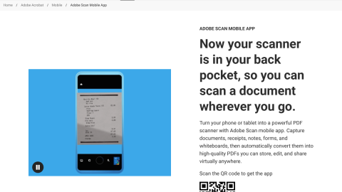 Adobe Scan mobile app product page showing OCR document scanning to searchable PDF