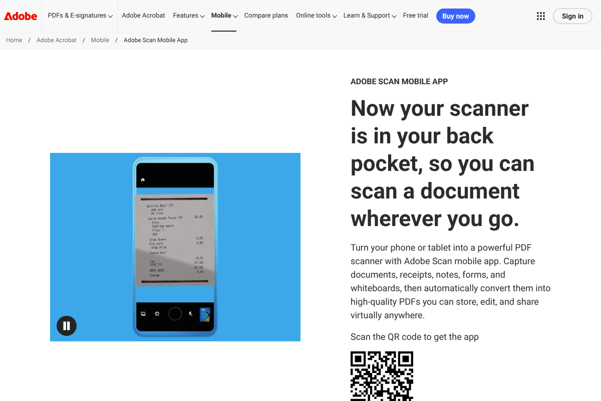 Adobe Scan mobile app product page showing OCR document scanning to searchable PDF