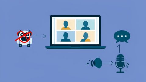 A video call with a blocked notetaker bot icon and three bot-free transcription paths: native, device-level, and captions