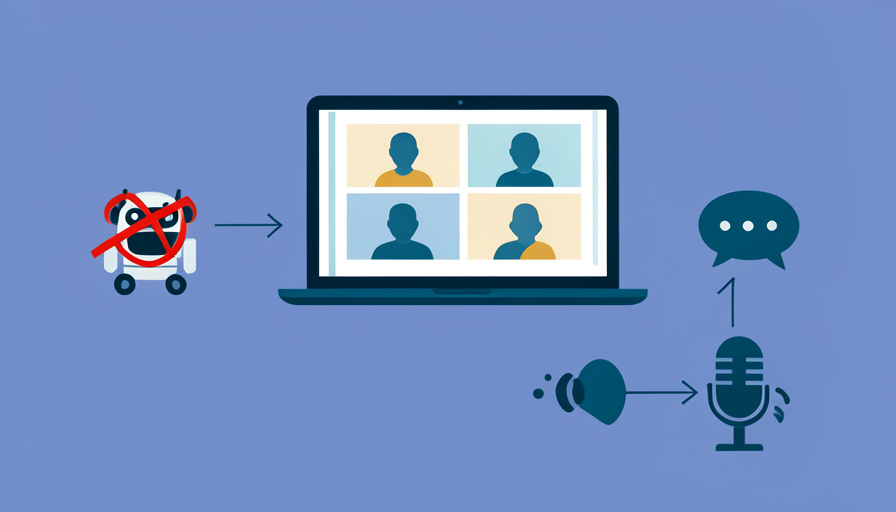 A video call with a blocked notetaker bot icon and three bot-free transcription paths: native, device-level, and captions