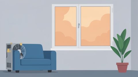 A box fan with a filter taped to it cleaning air in an apartment while a hazy smoky sky sits outside the window