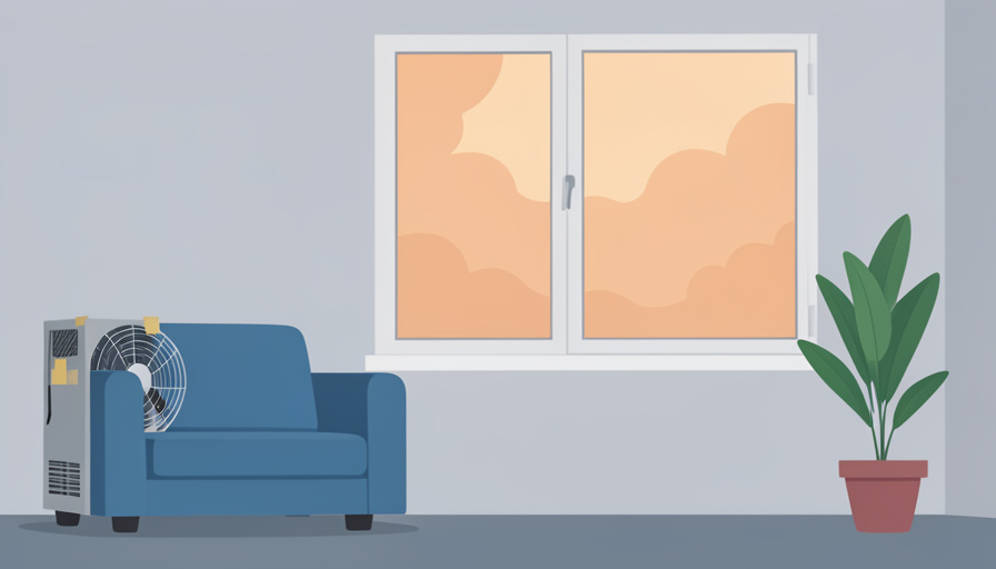 A box fan with a filter taped to it cleaning air in an apartment while a hazy smoky sky sits outside the window