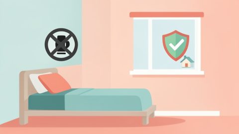A rental bedroom with a crossed-out camera icon and a privacy shield with a checkmark