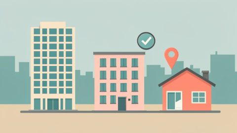 A hotel, an apartment block, and a house against a city skyline, with an approval checkmark and a location pin