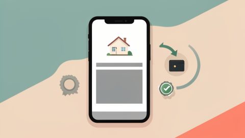 A phone showing a house rental listing with an approval seal and checkmark, and a refund arrow curving back to a wallet