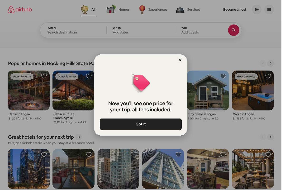 Airbnb homepage, a booking platform with two-sided verified-stay reviews between guests and hosts