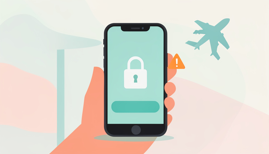 A phone at a boarding gate showing a login screen with a padlock and a warning, an airplane behind it