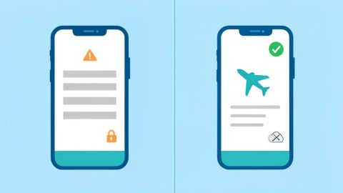An airline app boarding pass and an Apple Wallet pass side by side, comparing offline access and gate-change updates
