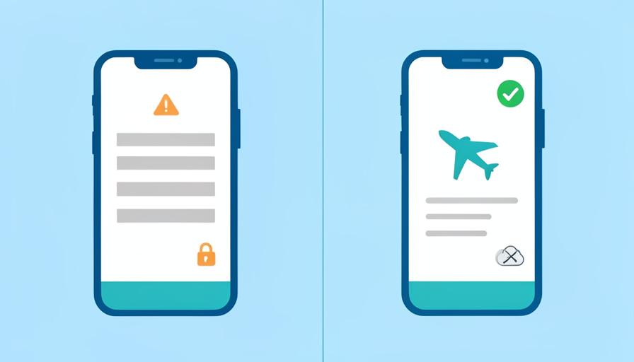 An airline app boarding pass and an Apple Wallet pass side by side, comparing offline access and gate-change updates