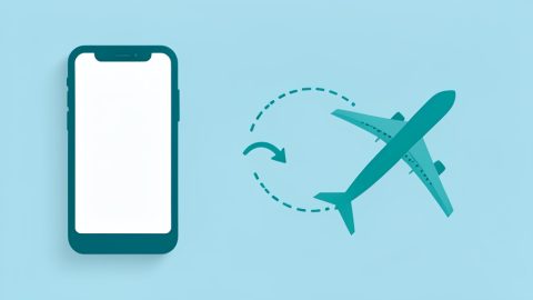 Conceptual illustration of a phone chat window beside an airplane and a rerouted flight path, evoking rebooking a flight after a schedule change