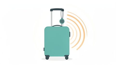 Conceptual illustration of a suitcase with a small round Bluetooth tracker tag attached and location signal waves around it, evoking cross-platform luggage tracking on Android
