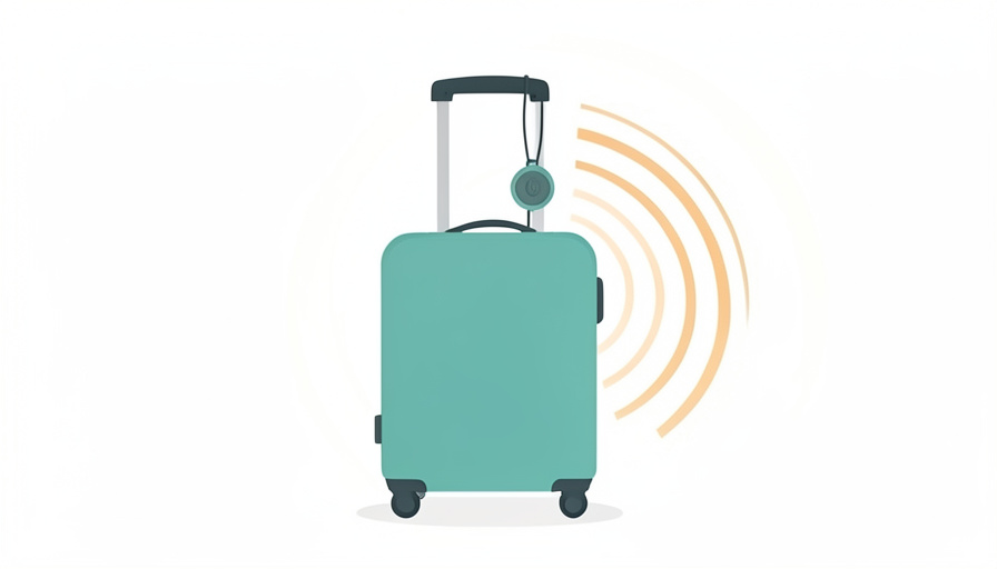 Conceptual illustration of a suitcase with a small round Bluetooth tracker tag attached and location signal waves around it, evoking cross-platform luggage tracking on Android