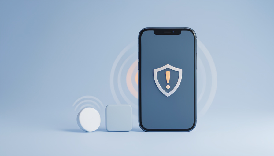 Conceptual illustration of two small round Bluetooth trackers beside a phone showing a warning shield, evoking unknown-tracker safety alerts