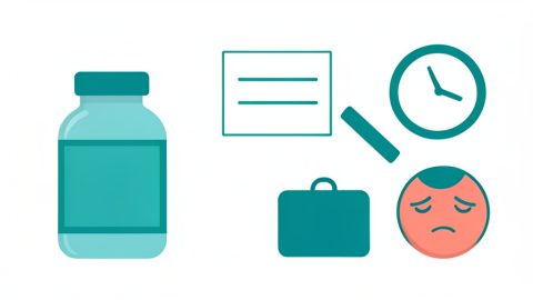 Two medicine bottles, a magnifying glass over a blank label, a briefcase and clock, and a sleepy face icon