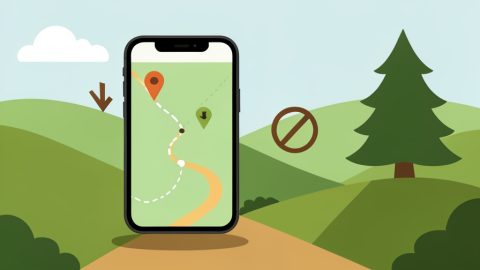 Conceptual illustration of a smartphone showing an offline trail map on a hilly hiking path with a download arrow and a crossed-out no symbol, evoking offline hiking maps without a subscription