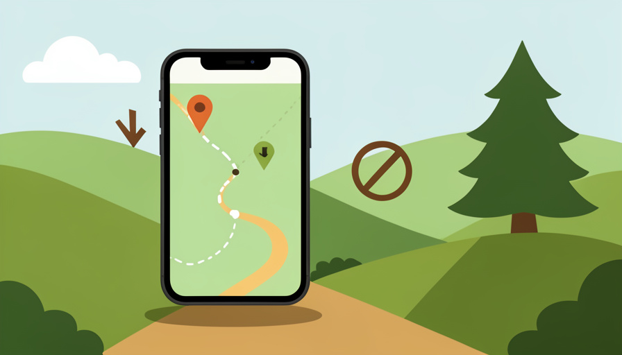 Conceptual illustration of a smartphone showing an offline trail map on a hilly hiking path with a download arrow and a crossed-out no symbol, evoking offline hiking maps without a subscription