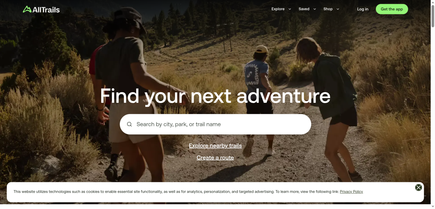 AllTrails app homepage showing trail maps and route discovery for runners and hikers