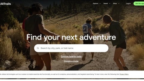 AllTrails app homepage showing trail maps and route discovery for runners and hikers