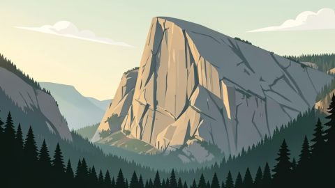Conceptual illustration of a sheer granite big-wall cliff face towering over a forested valley, evoking Yosemite rock climbing