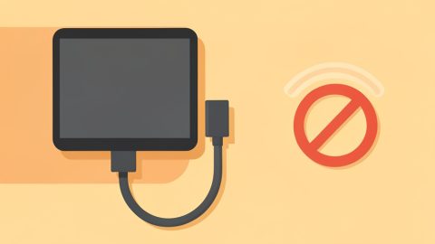 Conceptual illustration of a car dashboard screen linked to a phone by a solid USB cable while a broken wireless wave beside it is crossed out, favoring a stable wired link
