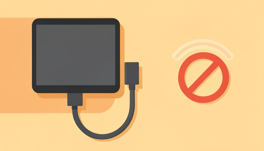 Conceptual illustration of a car dashboard screen linked to a phone by a solid USB cable while a broken wireless wave beside it is crossed out, favoring a stable wired link