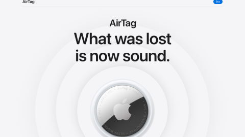 Apple AirTag product page showing the item tracker and Find My integration