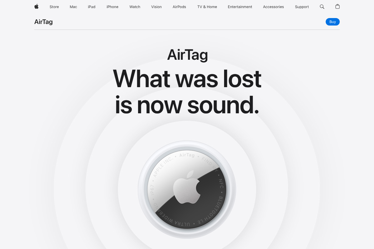 Apple AirTag product page showing the item tracker and Find My integration