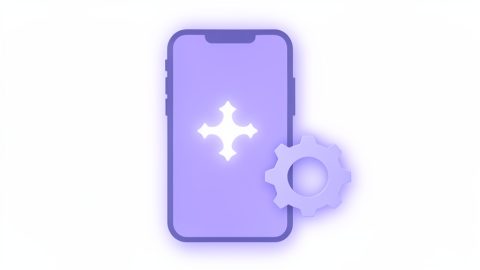 Conceptual illustration of a smartphone with an abstract sparkle AI-glow on a blank screen beside a settings gear, evoking checking on-device AI settings before buying a phone