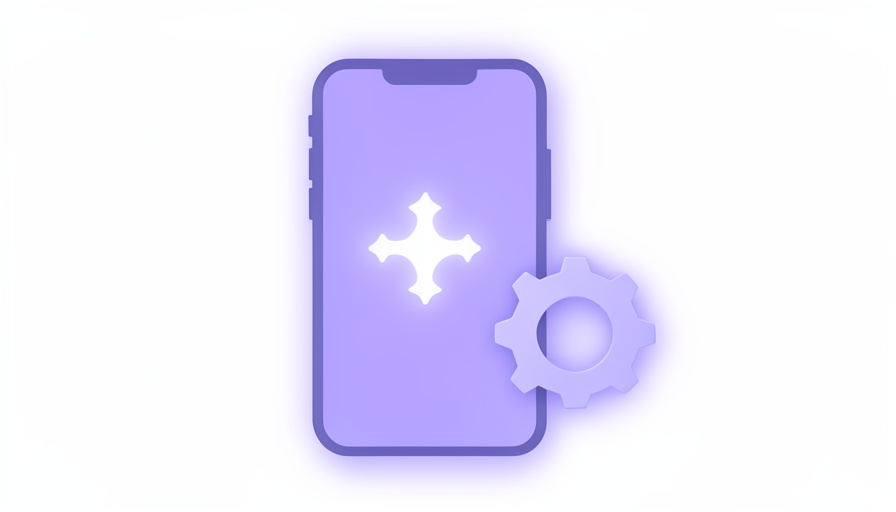 Conceptual illustration of a smartphone with an abstract sparkle AI-glow on a blank screen beside a settings gear, evoking checking on-device AI settings before buying a phone