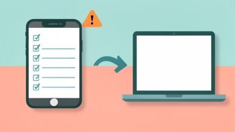 A phone showing a checklist with a warning triangle and a sync arrow to a blank laptop screen