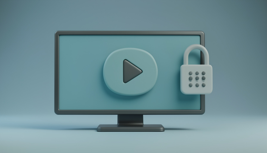 Conceptual illustration of a TV screen with a child-friendly play icon and a small padlock with a keypad, evoking kids streaming profiles protected by a PIN
