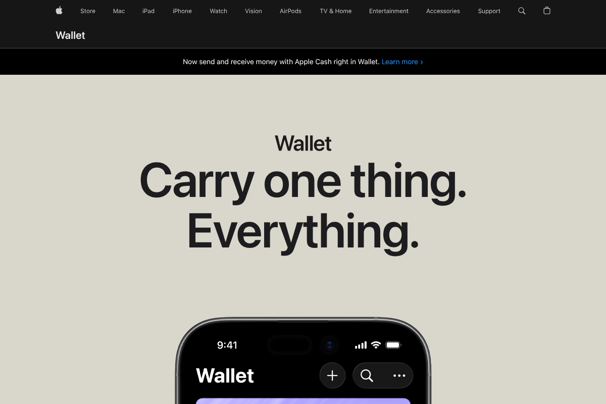 Apple Wallet product page showing cards and passes on iPhone, relevant to migrating a digital wallet to a new phone