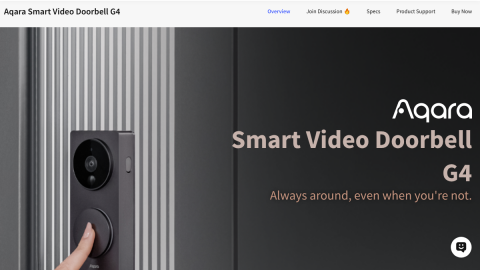 Aqara Smart Video Doorbell G4 product page showing a battery-powered doorbell with local storage and Apple Home support