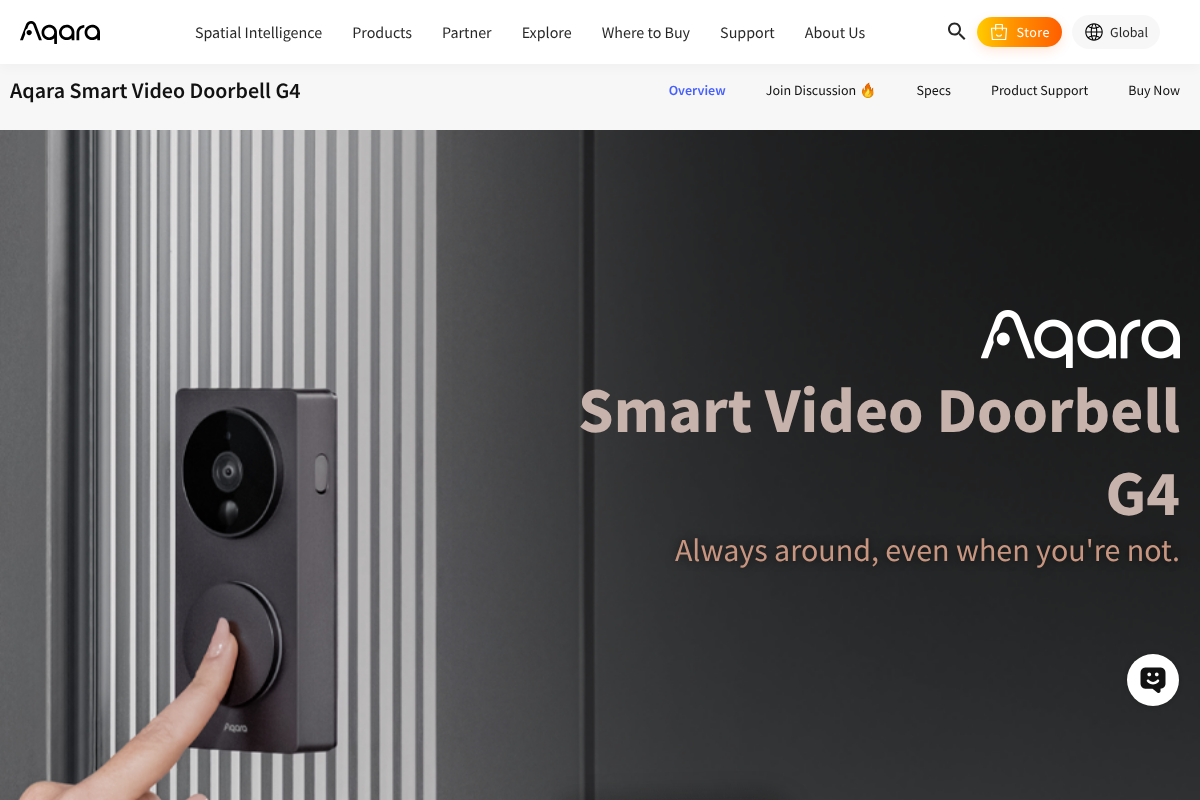 Aqara Smart Video Doorbell G4 product page showing a battery-powered doorbell with local storage and Apple Home support
