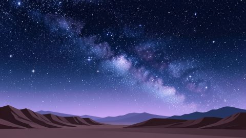 Conceptual illustration of a starry Milky Way arch over a barren desert with distant mountains and rocky terrain, evoking dark-sky astrophotography
