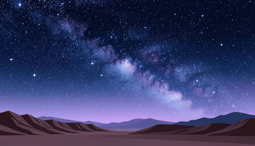 Conceptual illustration of a starry Milky Way arch over a barren desert with distant mountains and rocky terrain, evoking dark-sky astrophotography