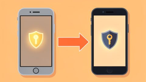 Conceptual illustration of an old phone with a shield-and-key icon transferring along an arrow to a new phone, evoking migrating 2FA codes off an old device