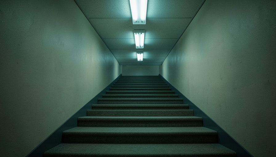 Conceptual illustration of a dim, endless carpeted stairwell of identical landings, evoking liminal-space unease