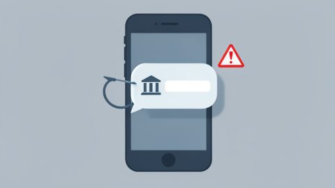 Conceptual illustration of a phone showing a bank alert message with a fishing hook through the link, evoking a smishing text scam