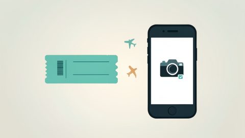 Conceptual illustration of an airline boarding pass beside a phone showing a checklist and a small camera icon, evoking screenshotting fare rules before booking