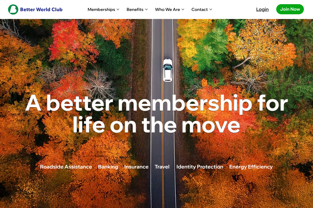 Better World Club homepage, an eco-friendly roadside assistance alternative to AAA