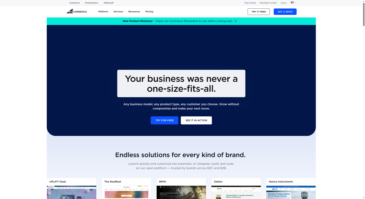 BigCommerce ecommerce platform homepage highlighting built-in features and no transaction fees