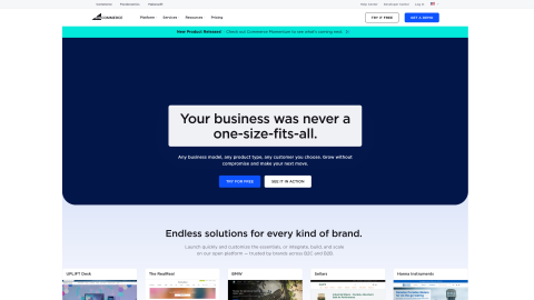 BigCommerce ecommerce platform homepage highlighting built-in features and no transaction fees