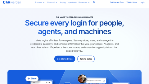 Bitwarden open-source password manager homepage highlighting free cross-device sync