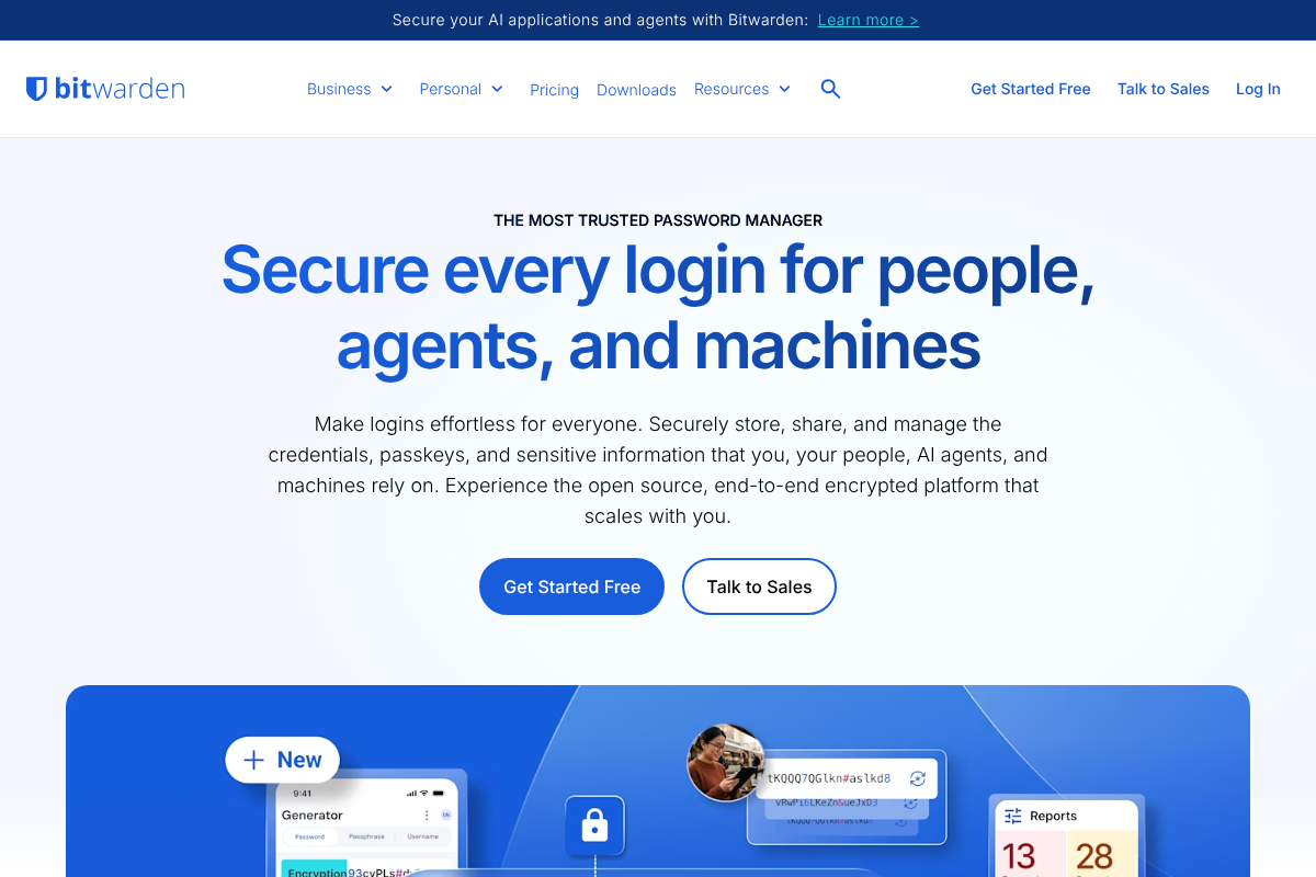 Bitwarden open-source password manager homepage highlighting free cross-device sync